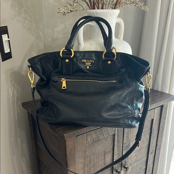 Prada Handbags - Prada Black Leather Tote with Gold Hardware Accents